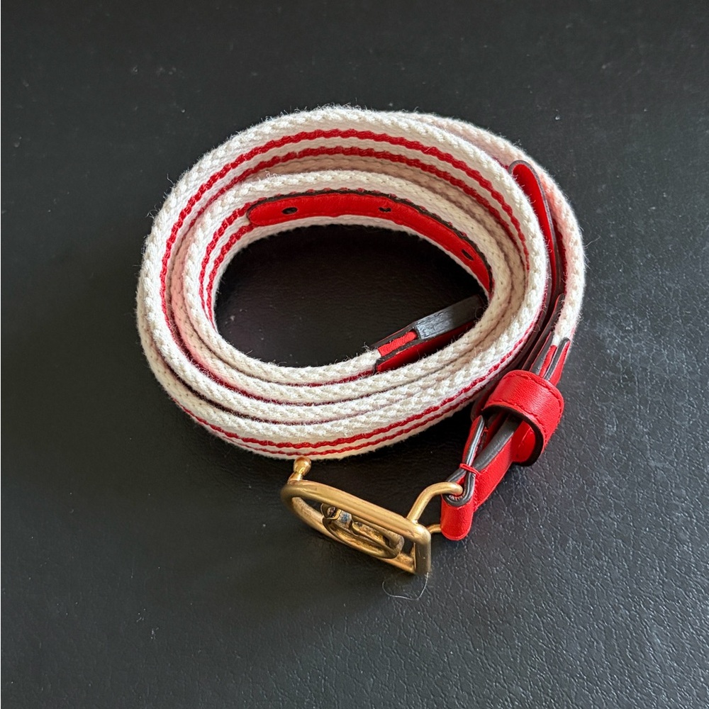 Gucci Red and White Striped Belt with Gold GG Buckle - Picture 2 of 9